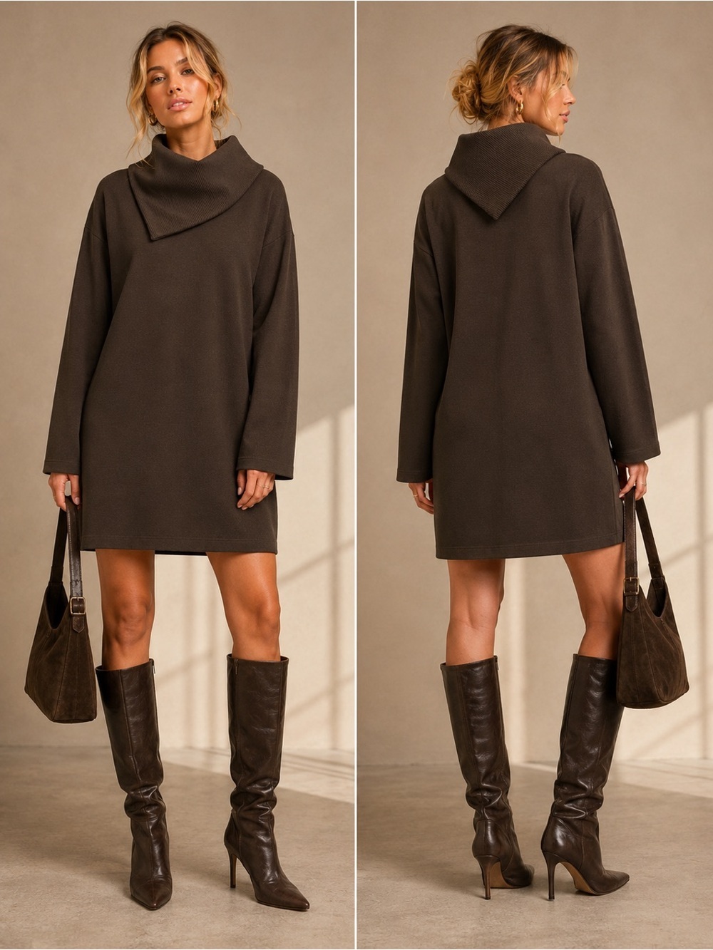 🤎 ZARA Brown Asymmetric Funnel Neck Tunic Dress – Size L | Made in Morocco NWOT